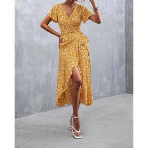 NEW ANNVA FASHION midi wrap dress in yellow